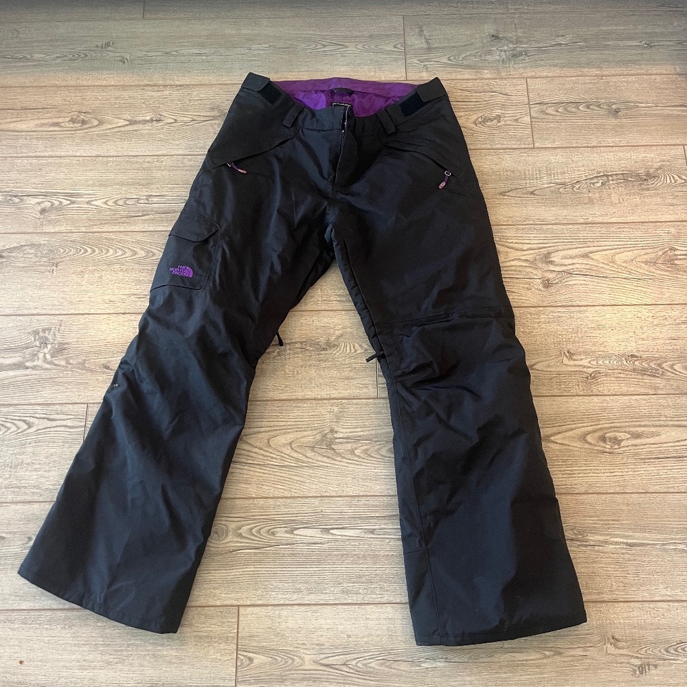 North Face Women's Black Ski Pants- Size XL with purple interior and detailing